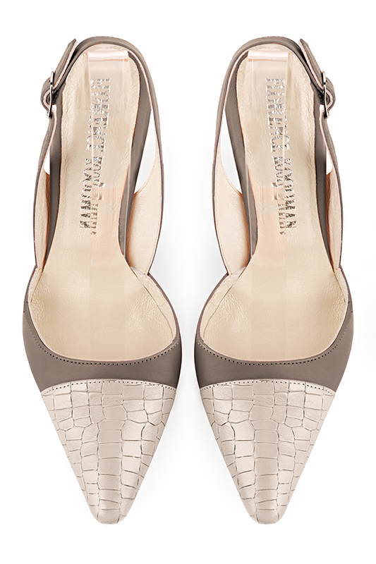 Champagne white and bronze beige women's slingback shoes. Tapered toe. Very high spool heels. Top view - Florence KOOIJMAN